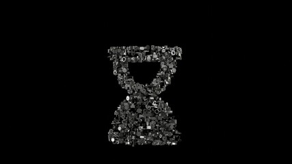 3d rendering mechanical parts in shape of symbol of hourglass end isolated on black background