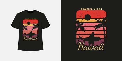Hawaii ocean beach t shirt style and trendy clothing design with tree and man silhouettes