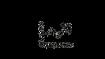 3d rendering mechanical parts in shape of symbol of chart line isolated on black background