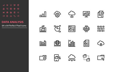 set of data analysis line icons, database, cloud computing, big data, technology