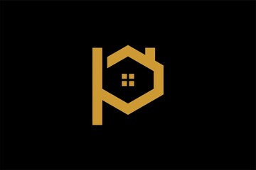 Real estate logo design. Monogram letter P house abstract symbol. Outline house icon vector.