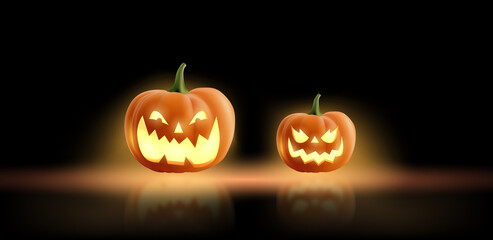 Realistic 3d pumpkins with scary smiling face. Happy Halloween banner. Jack O Lantern party.