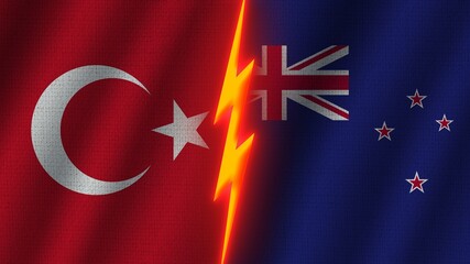 New Zealand and Turkey Flags Together, Wavy Fabric Texture Effect, Neon Glow Effect, Shining Thunder Icon, Crisis Concept, 3D Illustration