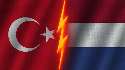 Obraz premium Netherlands and Turkey Flags Together, Wavy Fabric Texture Effect, Neon Glow Effect, Shining Thunder Icon, Crisis Concept, 3D Illustration