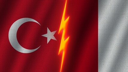 Obraz premium Peru and Turkey Flags Together, Wavy Fabric Texture Effect, Neon Glow Effect, Shining Thunder Icon, Crisis Concept, 3D Illustration