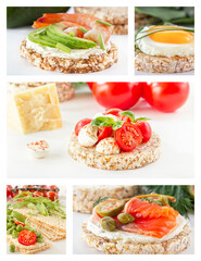Food collage of puffed exploded wheat grains and crispy low-calorie wheat crackers with various...