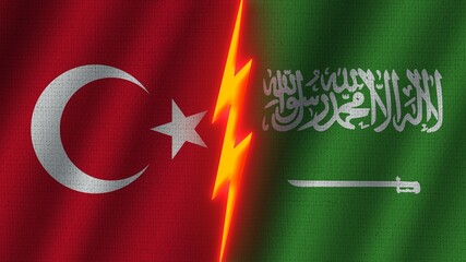 Saudi Arabia and Turkey Flags Together, Wavy Fabric Texture Effect, Neon Glow Effect, Shining Thunder Icon, Crisis Concept, 3D Illustration
