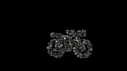 3d rendering mechanical parts in shape of symbol of motorcycle isolated on black background