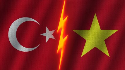 Vietnam and Turkey Flags Together, Wavy Fabric Texture Effect, Neon Glow Effect, Shining Thunder Icon, Crisis Concept, 3D Illustration