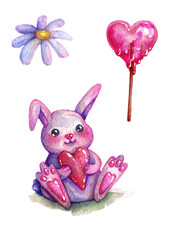 watercolor illustration set rabbit with heart