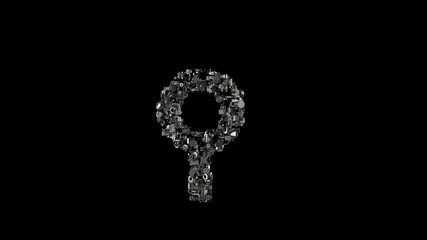 3d rendering mechanical parts in shape of symbol of neuter isolated on black background