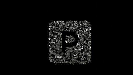 3d rendering mechanical parts in shape of symbol of parking isolated on black background