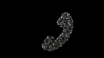 3d rendering mechanical parts in shape of symbol of phone isolated on black background