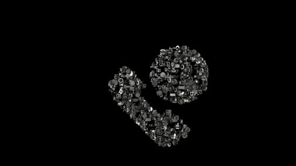 3d rendering mechanical parts in shape of symbol of phone call isolated on black background