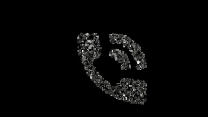 3d rendering mechanical parts in shape of symbol of phone working indicator isolated on black background