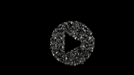 3d rendering mechanical parts in shape of symbol of play circle isolated on black background