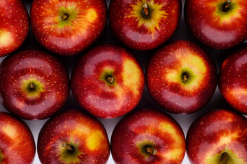 close up shot of a group of many freshness red apples with some yellow color marks