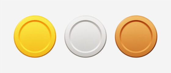 3D Realistic gold, silver, and bronze coins vector illustration.