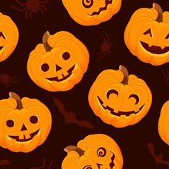 Pumpkin pattern on a dark brown background. Halloween. Vector illustration in a flat style.
