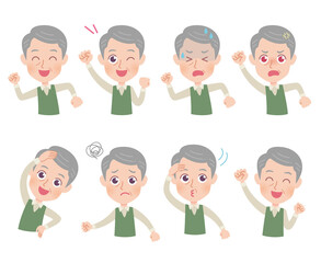 高齢者男性　喜怒哀楽　イラストセット	