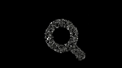 3d rendering mechanical parts in shape of symbol of search isolated on black background