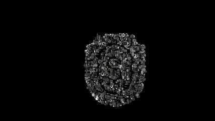 3d rendering mechanical parts in shape of symbol of shield isolated on black background