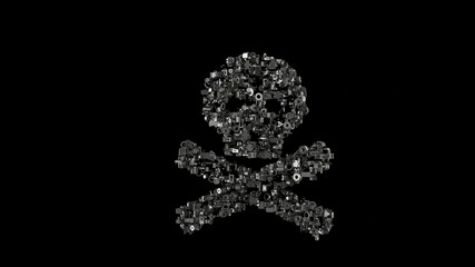 3d rendering mechanical parts in shape of symbol of skull crossbones isolated on black background