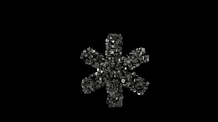 3d rendering mechanical parts in shape of symbol of star of life isolated on black background