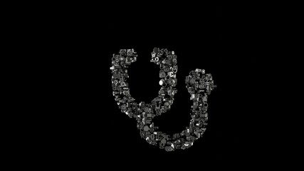 3d rendering mechanical parts in shape of symbol of stethoscope isolated on black background