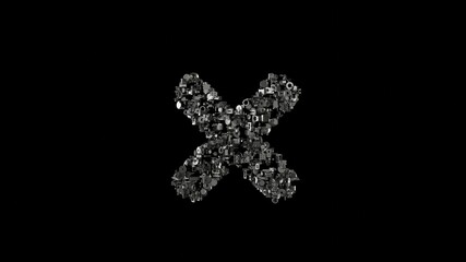 3d rendering mechanical parts in shape of symbol of times isolated on black background