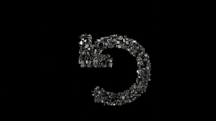 3d rendering mechanical parts in shape of symbol of undo isolated on black background