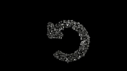 3d rendering mechanical parts in shape of symbol of undo alt isolated on black background