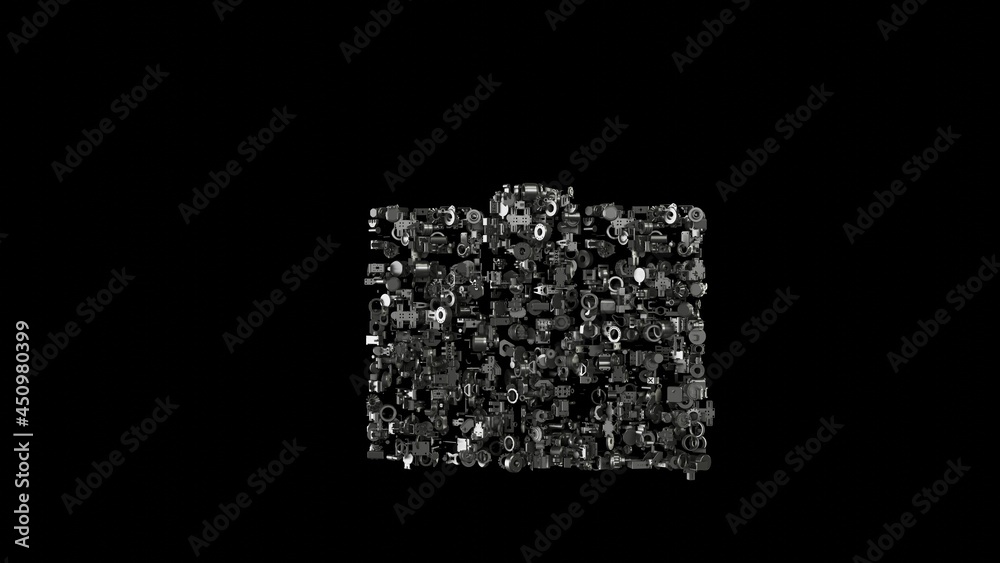 Poster 3d rendering mechanical parts in shape of symbol of wallet isolated on black background