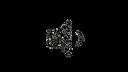 3d rendering mechanical parts in shape of symbol of volume down isolated on black background