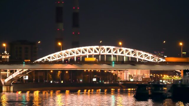The Moskva River bridge traffic at night, Moscow, Russia