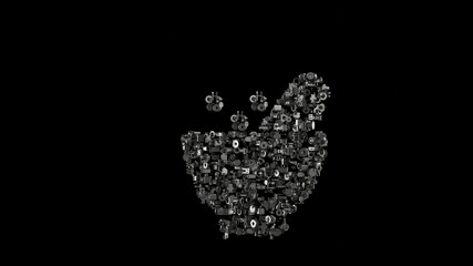 3d rendering mechanical parts in shape of symbol of alchemy mortar isolated on black background