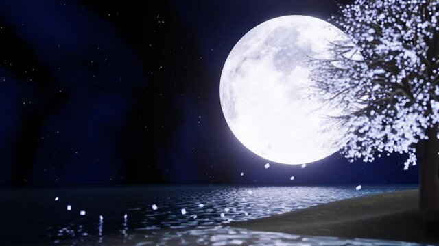 full blue moon In the night sky there are stars in the sky. Super Moon in the middle of the sea with reflections on the water surface. Blurred fantasy trees glowing leaves are falling. 3D rendering