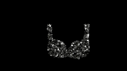 3d rendering mechanical parts in shape of symbol of bra isolated on black background