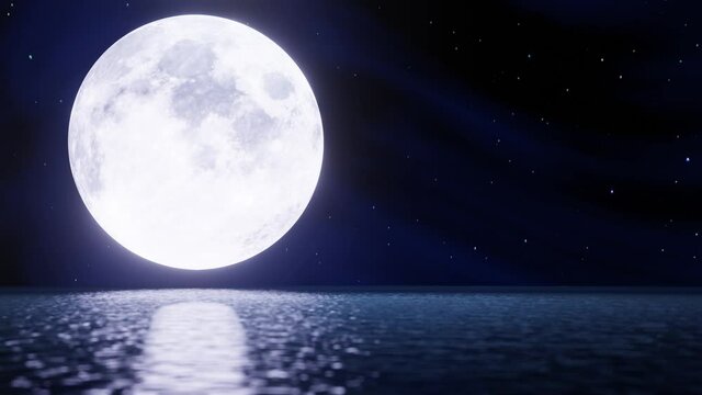 The blue full moon is reflected in the sea. A wave and movement of water from the ocean to the island. The sky has many stars. Ripples on the sea at night. 3D Rendering