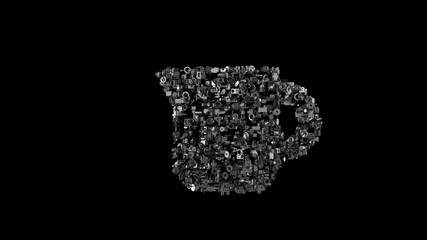 3d rendering mechanical parts in shape of symbol of cup isolated on black background