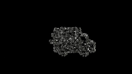 3d rendering mechanical parts in shape of symbol of delivery van isolated on black background