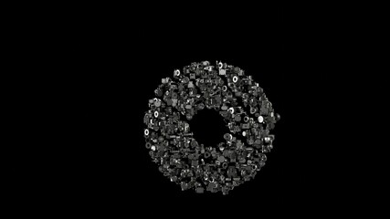 3d rendering mechanical parts in shape of symbol of donut isolated on black background