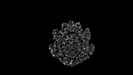 3d rendering mechanical parts in shape of symbol of dragon fruit isolated on black background