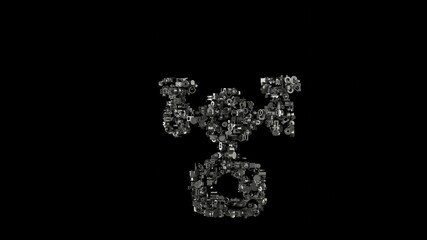 3d rendering mechanical parts in shape of symbol of drone isolated on black background