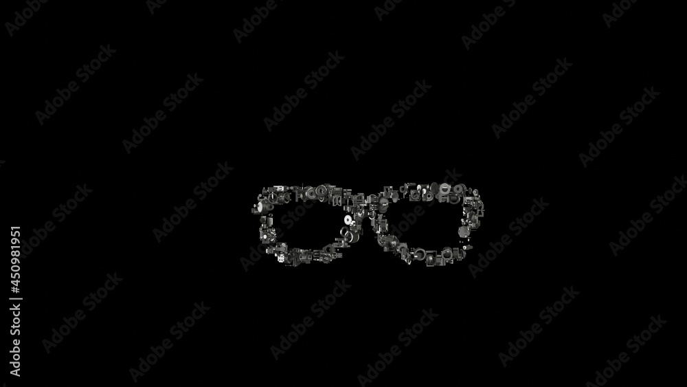 Poster 3d rendering mechanical parts in shape of symbol of glasses fashion isolated on black background