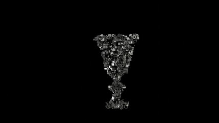 3d rendering mechanical parts in shape of symbol of glass isolated on black background