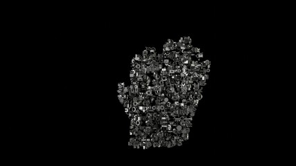 3d rendering mechanical parts in shape of symbol of gloves isolated on black background