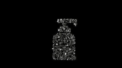 3d rendering mechanical parts in shape of symbol of hand sanitizer isolated on black background