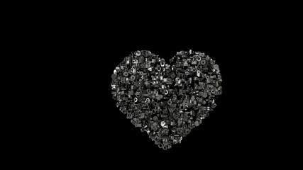 3d rendering mechanical parts in shape of symbol of heart isolated on black background