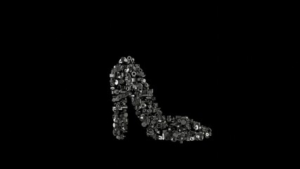 3d rendering mechanical parts in shape of symbol of high heel shoes isolated on black background